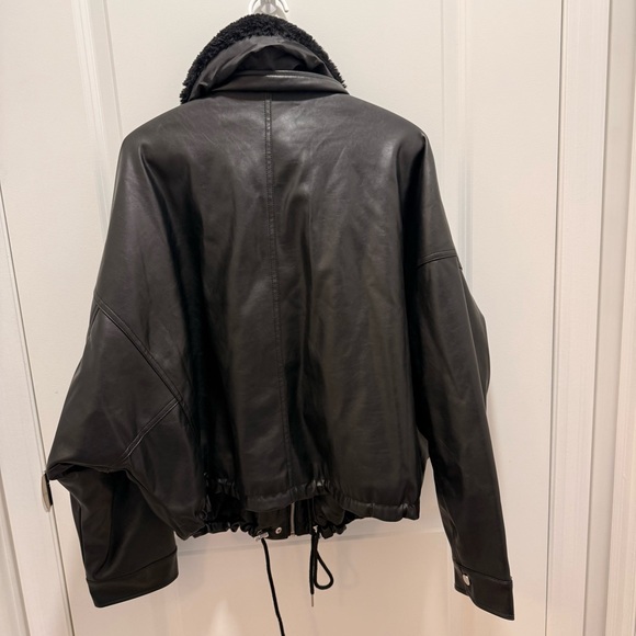 Black Faux Leather Bomber Jacket with removable sherpa collar - Picture 9 of 9